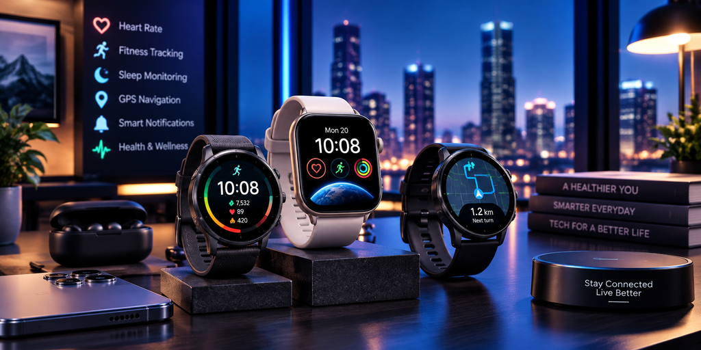Modern smartwatches with health tracking, fitness monitoring, GPS navigation, and smart notifications