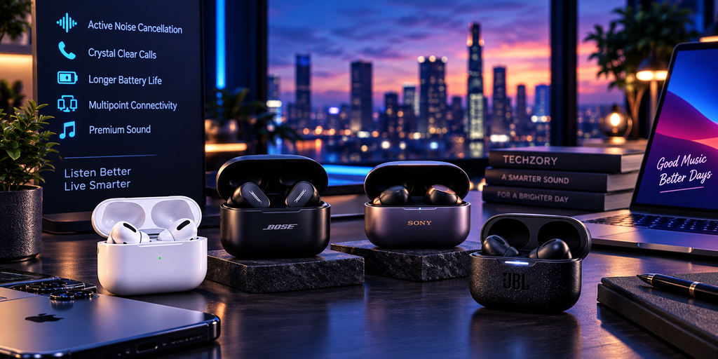 Modern wireless earbuds with active noise cancellation, clear calls, long battery life, and multipoint connectivity