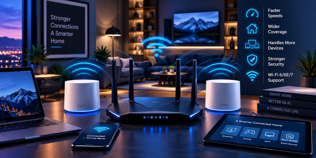 Modern Wi-Fi router and mesh system with wider coverage, faster speeds, stronger security, and support for multiple connected devices