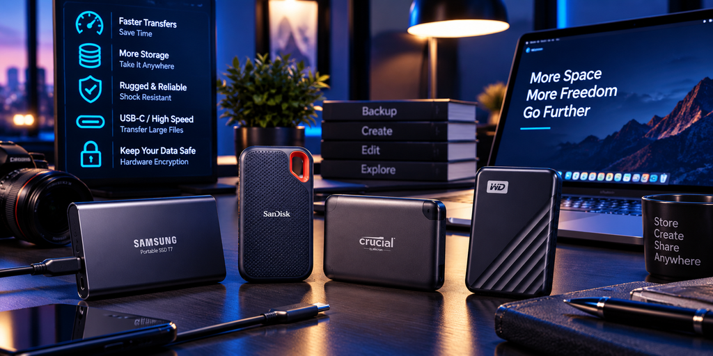 Portable external SSDs with fast transfer speeds, large storage capacity, USB-C connectivity, and hardware encryption
