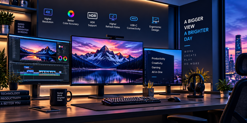 Modern monitors with 4K resolution, HDR, high refresh rates, accurate colors, USB-C connectivity, and ergonomic design