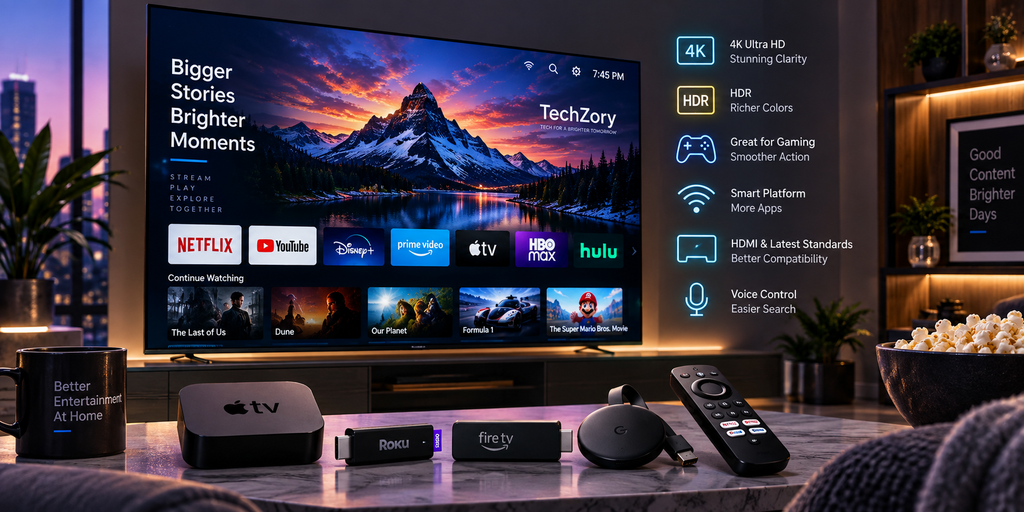 Modern smart TV and streaming devices with 4K, HDR, gaming features, smart apps, HDMI support, and voice control