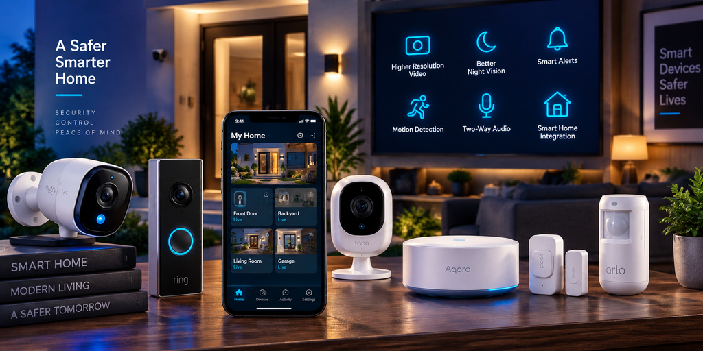 Smart home security devices with cameras, video doorbell, motion detection, smart alerts, two-way audio, and home integration