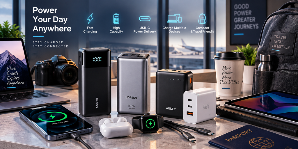 Portable power banks and USB-C chargers with fast charging, high capacity, multi-device support, and travel-friendly design