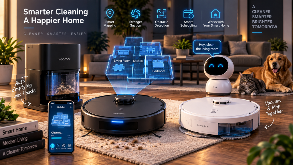 Robot vacuums with smart mapping, stronger suction, obstacle detection, automatic emptying, mopping, and smart home integration