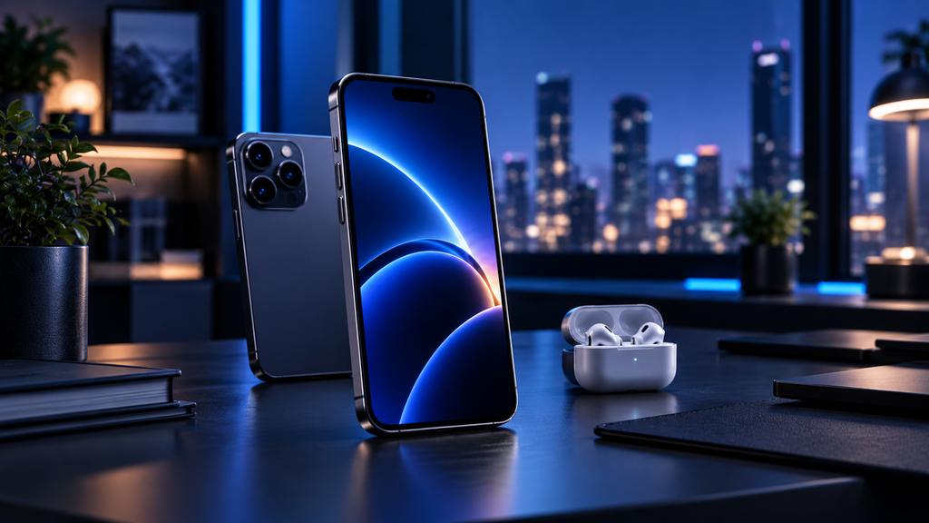 Premium smartphone upgrade concept with modern flagship phone and wireless earbuds