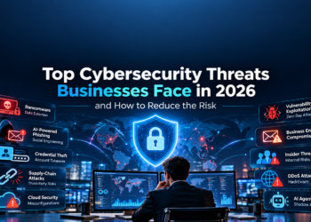Top cybersecurity threats businesses face in 2026 including ransomware phishing credential theft and AI risks