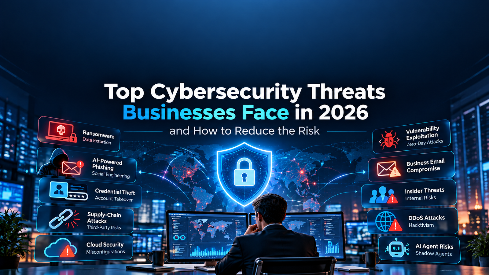 Top cybersecurity threats businesses face in 2026 including ransomware phishing credential theft and AI risks