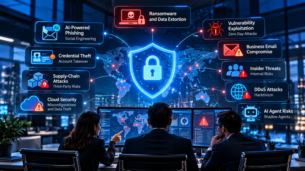Cybersecurity threats businesses face in 2026 including ransomware phishing credential theft cloud attacks and AI risks