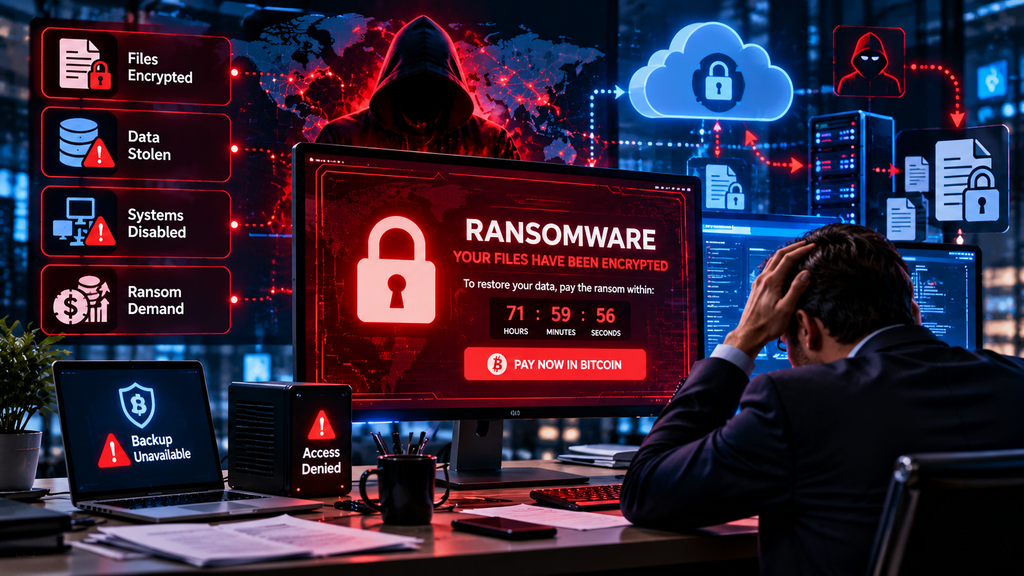 Ransomware and data extortion attack showing encrypted files stolen data disabled systems and backup failure
