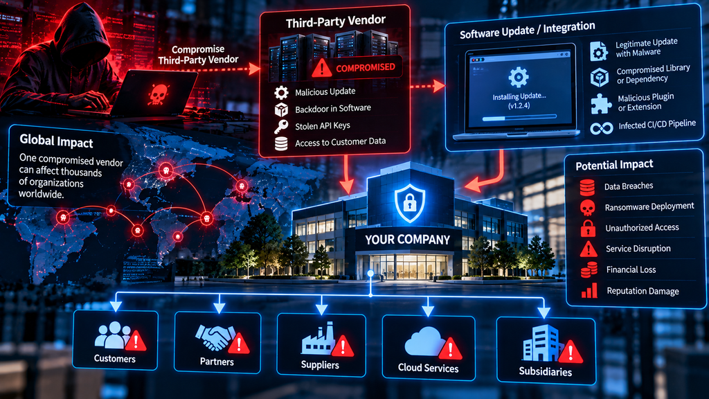 Supply-chain and third-party cyber attacks in 2026 showing compromised vendors malicious updates and business impact