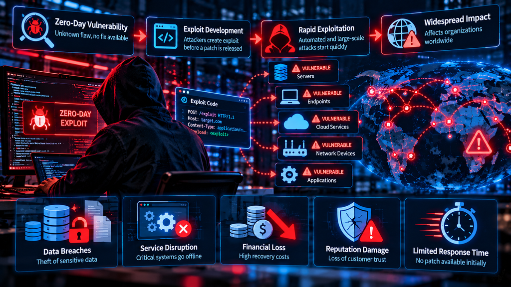 Zero-day vulnerability exploitation in 2026 showing rapid attacks on servers endpoints cloud services and network devices