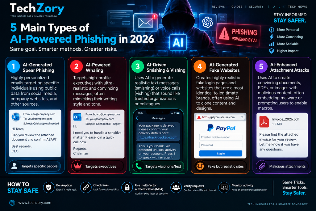 Five main types of AI-powered phishing in 2026 including spear phishing, smishing, vishing, fake websites, and malicious attachments