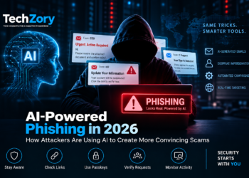 AI-powered phishing in 2026 with hacker, artificial intelligence, and phishing warnings