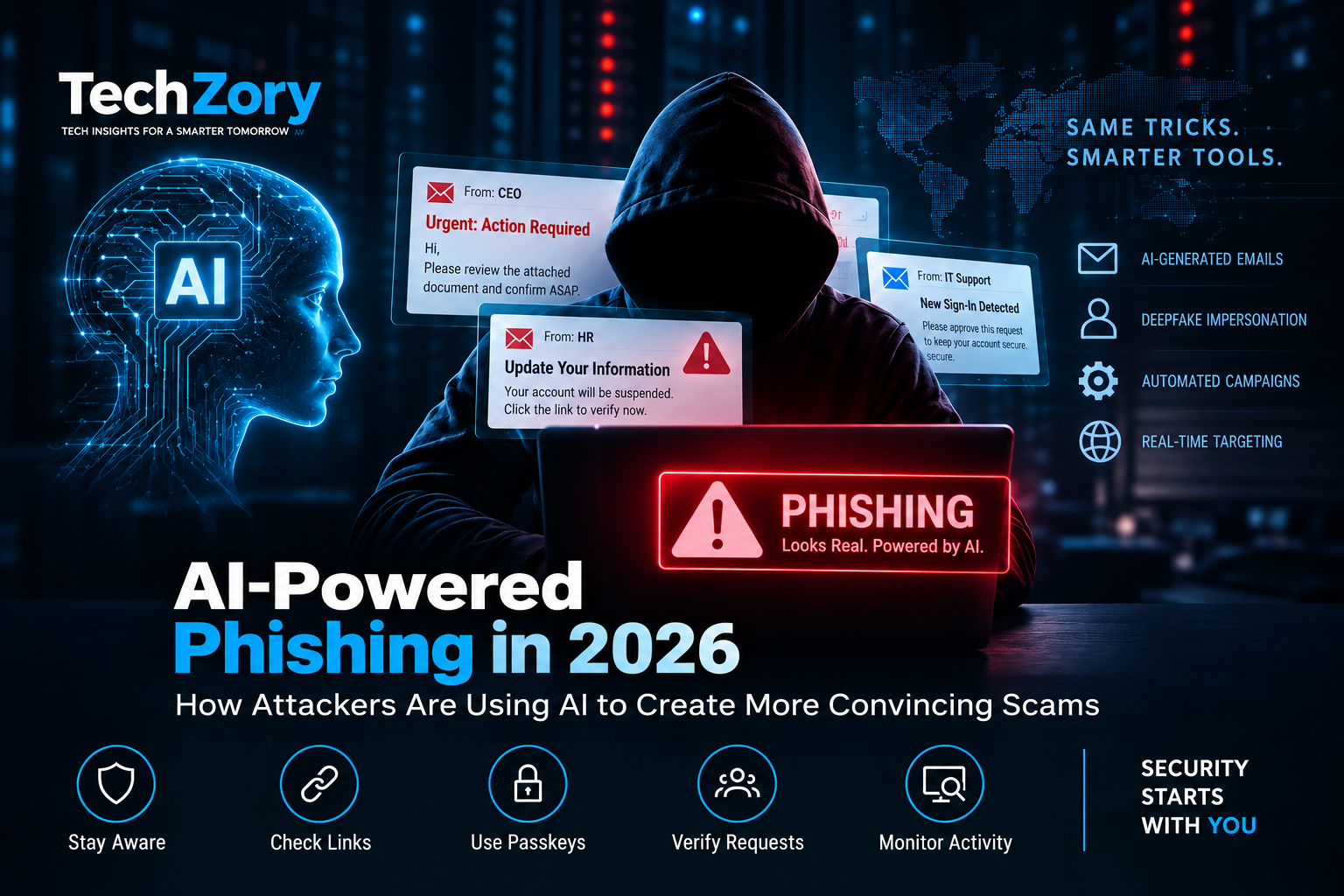 AI-powered phishing in 2026 with hacker, artificial intelligence, and phishing warnings