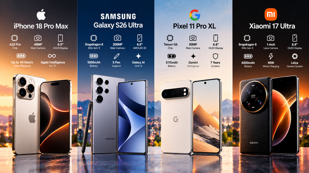 2026 flagship smartphone comparison of iPhone 18 Pro Max Galaxy S26 Ultra Pixel 11 Pro XL and Xiaomi 17 Ultra
