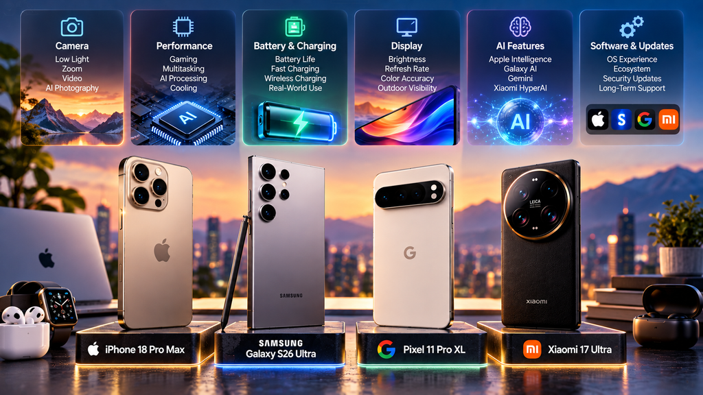 Flagship smartphone buying factors in 2026 including camera performance battery charging display AI features software and updates
