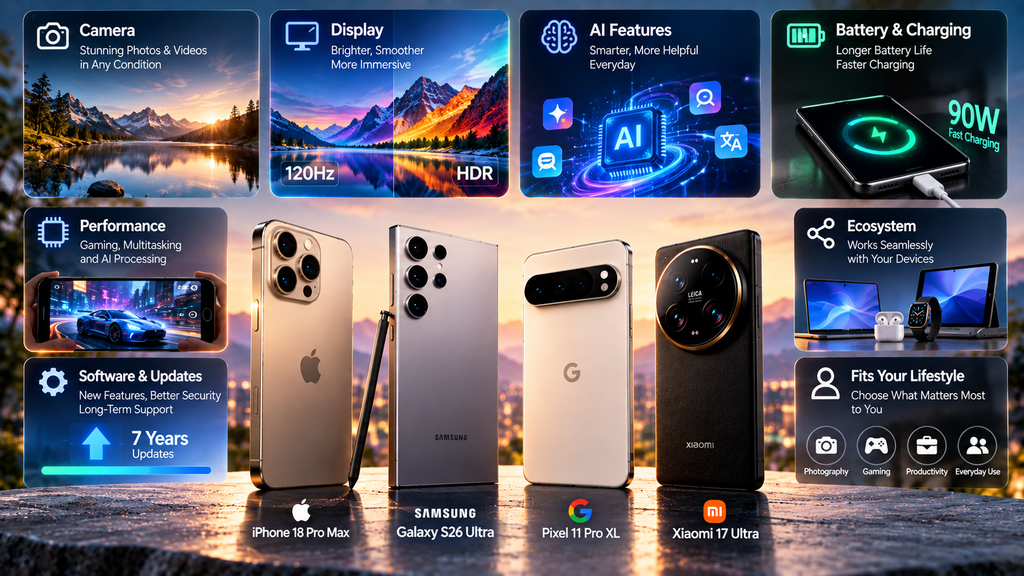 2026 flagship smartphone buying factors including camera display performance battery charging AI ecosystem and software support for iPhone Galaxy Pixel and Xiaomi