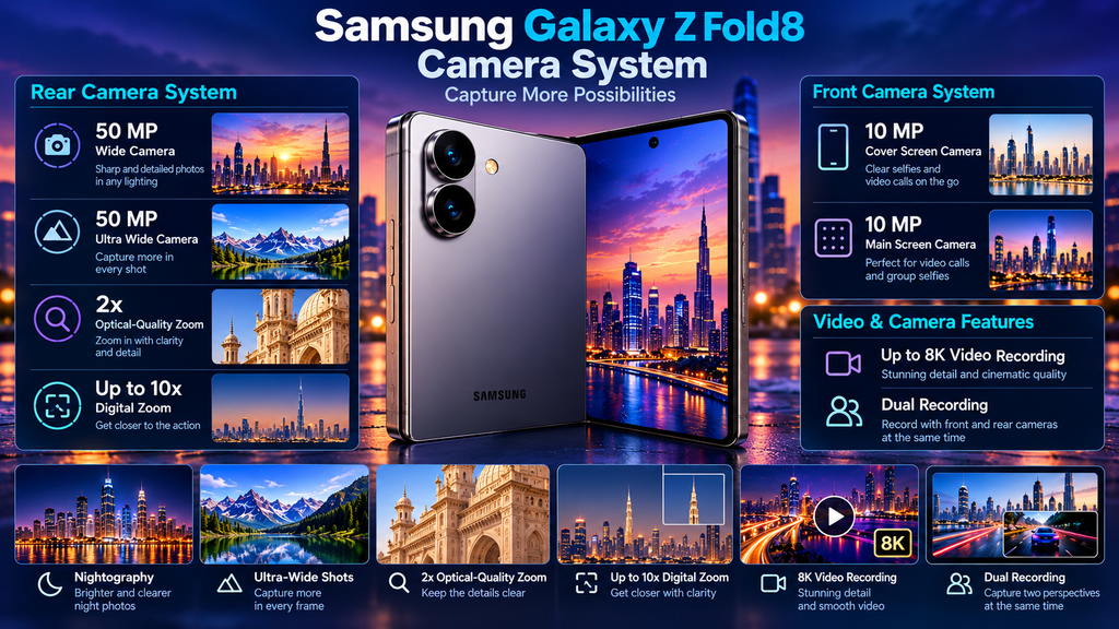 Samsung Galaxy Z Fold8 camera system with dual 50MP rear cameras 2x optical quality zoom 10x digital zoom and dual 10MP front cameras