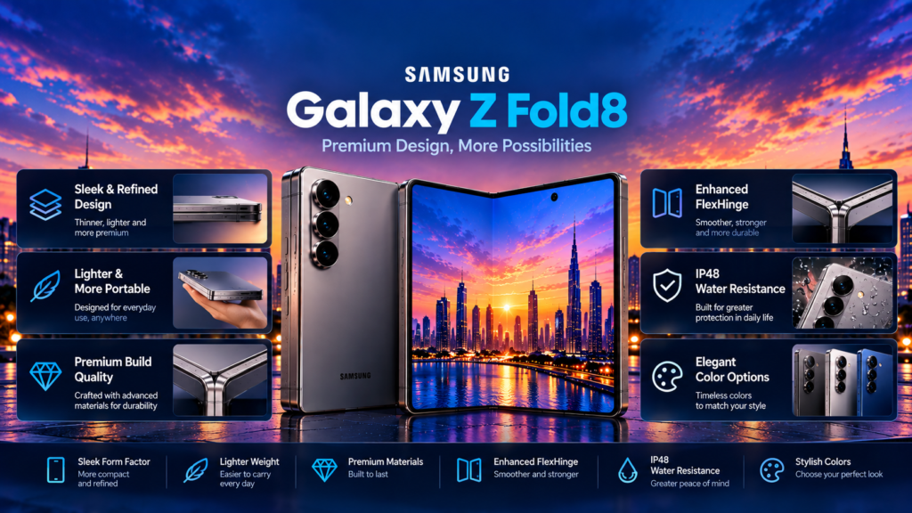 Samsung Galaxy Z Fold8 design showing sleek foldable form factor lighter weight premium materials FlexHinge water resistance and color options