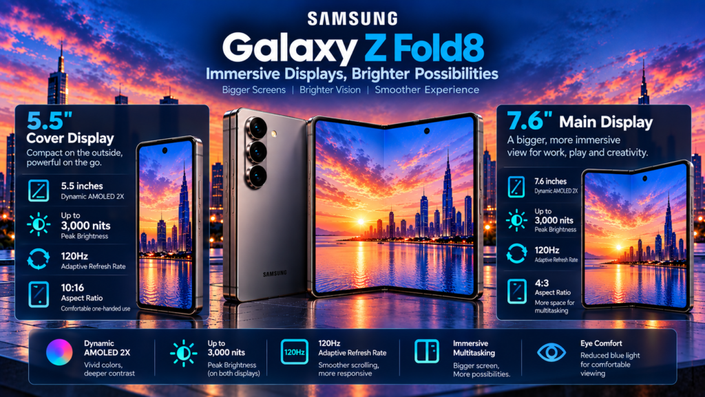 Samsung Galaxy Z Fold8 displays showing 5.5-inch cover display and 7.6-inch main display with 120Hz refresh rate and up to 3000 nits brightness