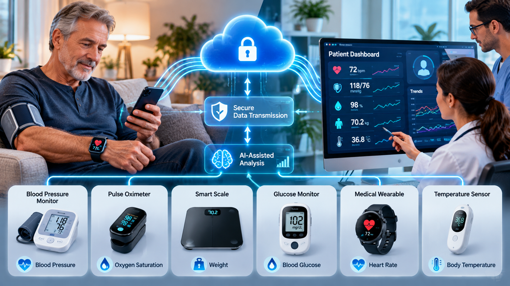 AI-assisted remote patient monitoring using connected medical devices, secure data transmission, health dashboards, and clinician review