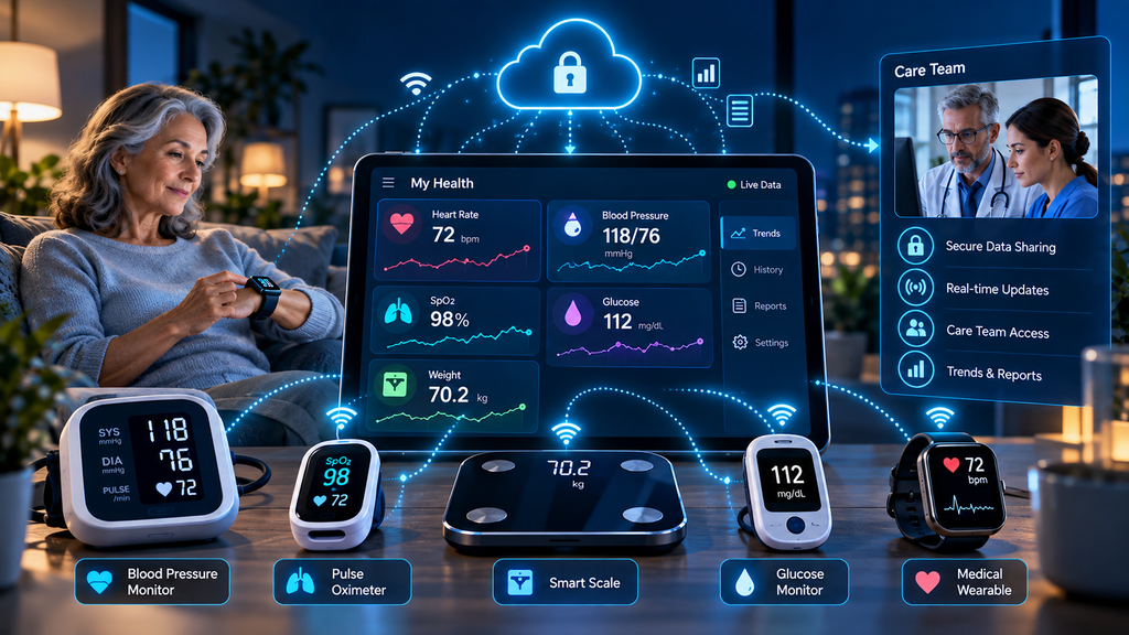 Remote patient monitoring devices including blood pressure monitor, pulse oximeter, smart scale, glucose monitor, and medical wearable connected to a care team
Remote patient monitoring devices including blood pressure monitor, pulse oximeter, smart scale, glucose monitor, and medical wearable connected to a care team