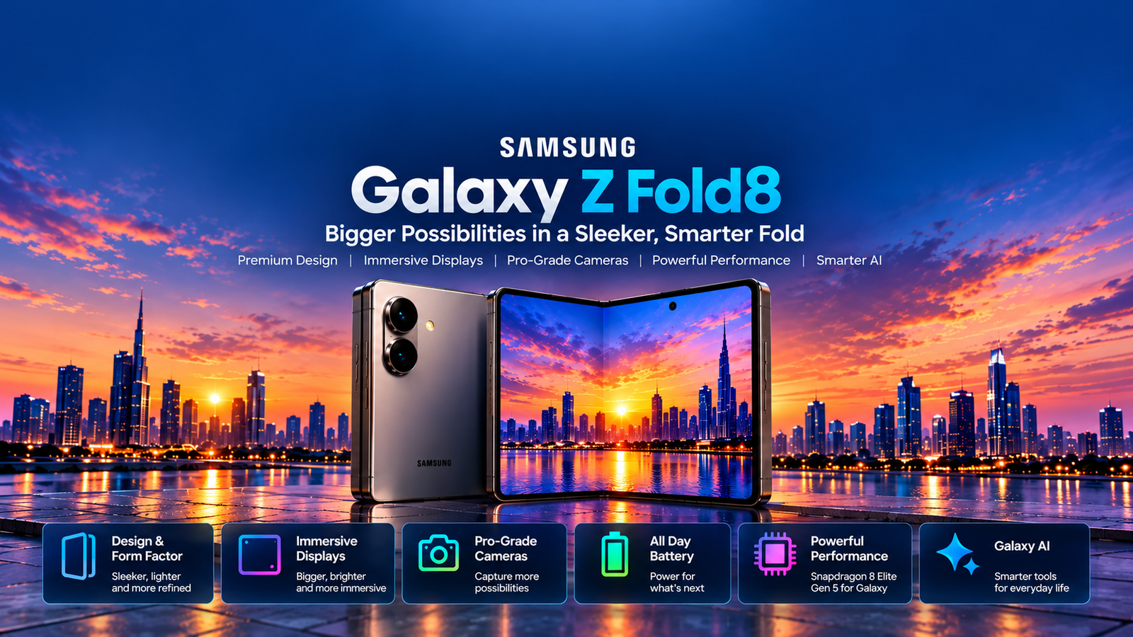 Samsung Galaxy Z Fold8 review 2026 illustrated concept showing foldable design, dual rear cameras, Galaxy AI and key features