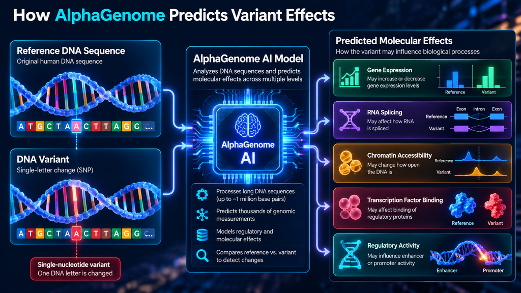 How AlphaGenome predicts DNA variant effects on gene expression, RNA splicing, chromatin accessibility, and regulatory activity