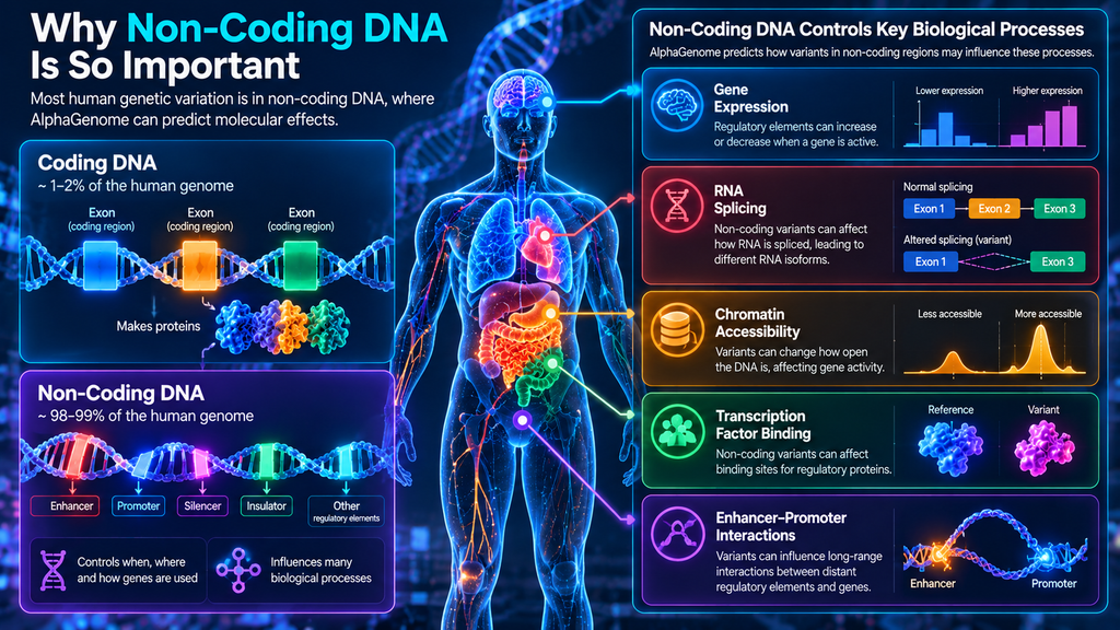 hy non-coding DNA matters and how AlphaGenome predicts effects on gene expression, RNA splicing, chromatin accessibility, and regulatory activity
Why non-coding DNA matters and how AlphaGenome predicts effects on gene expression, RNA splicing, chromatin accessibility, and regulatory activity