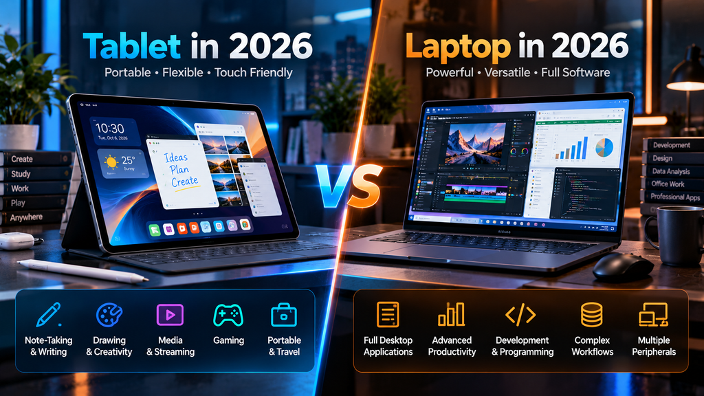 Tablet vs laptop in 2026 comparing portability, note-taking, creativity, media, gaming, desktop applications, productivity, programming, workflows, and peripherals