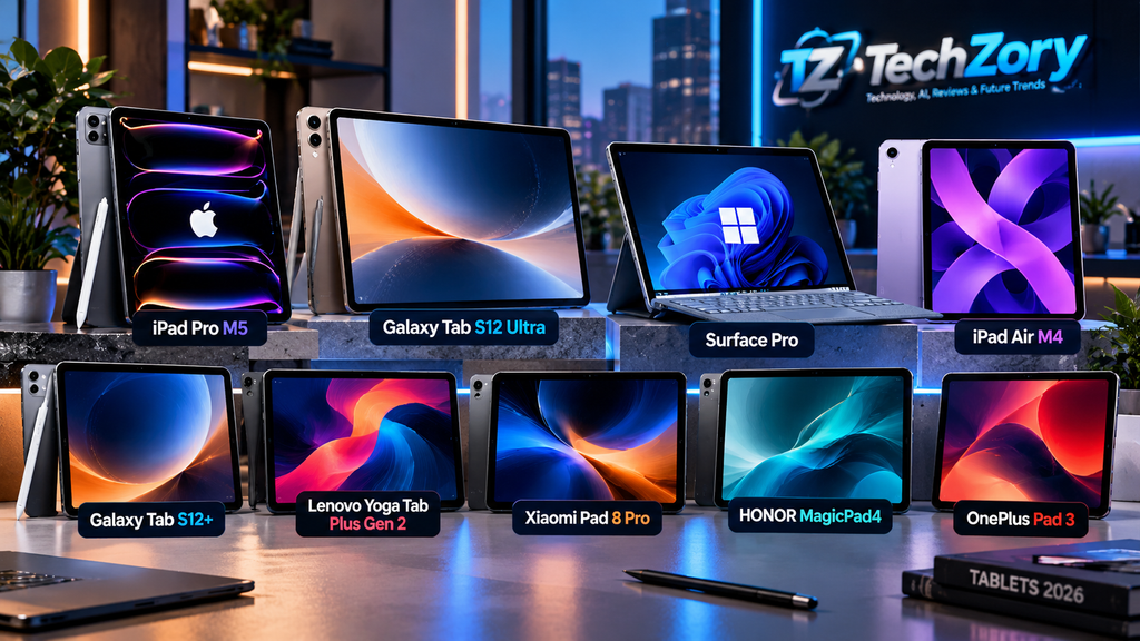 Best tablets in 2026 including iPad Pro M5, Galaxy Tab S12 Ultra, Surface Pro, iPad Air M4, Lenovo Yoga Tab, Xiaomi Pad 8 Pro, HONOR MagicPad4, and OnePlus Pad 3