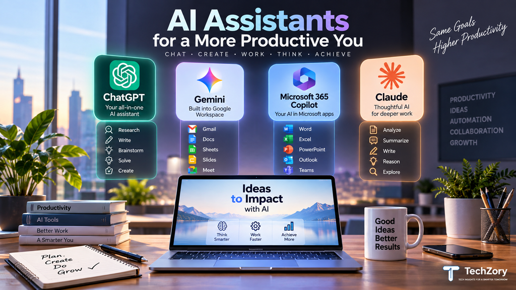 AI assistants for productivity in 2026 including ChatGPT, Gemini, Microsoft 365 Copilot, and Claude
