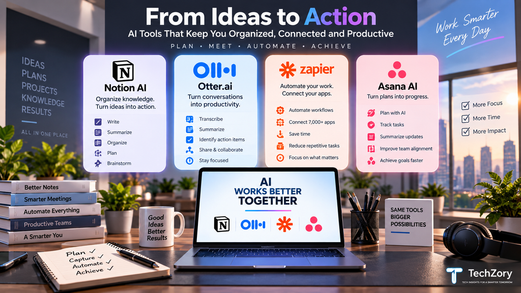 AI productivity tools in 2026 including Notion AI, Otter.ai, Zapier, and Asana AI