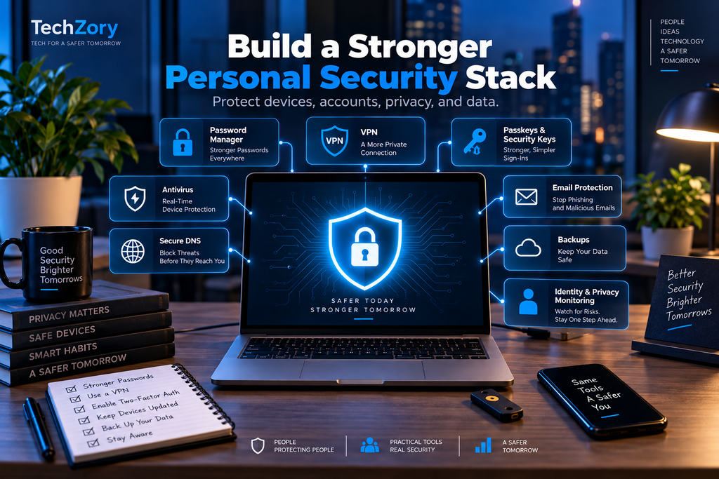 Personal cybersecurity tools in 2026 including password manager, VPN, passkeys, antivirus, secure DNS, email protection, backups, and identity monitoring