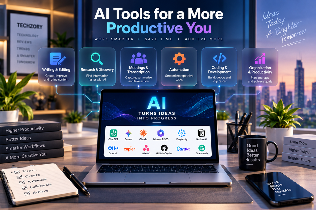 Best AI tools for productivity in 2026 including writing, research, meetings, automation, and coding tools
