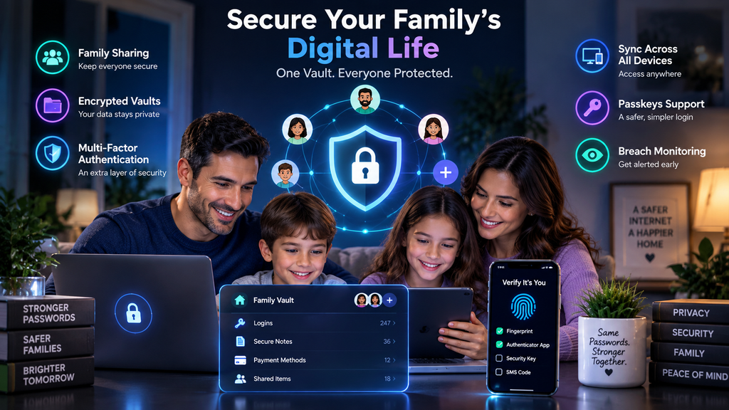Family password manager with encrypted vaults, multi-factor authentication, passkeys, breach monitoring, and secure sharing across devices