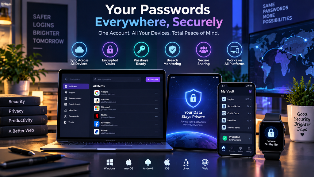 Password manager syncing encrypted passwords and passkeys securely across multiple devices and platforms