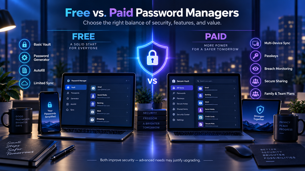 Free vs paid password managers compared by security features, passkeys, multi-device sync, breach monitoring, and secure sharing