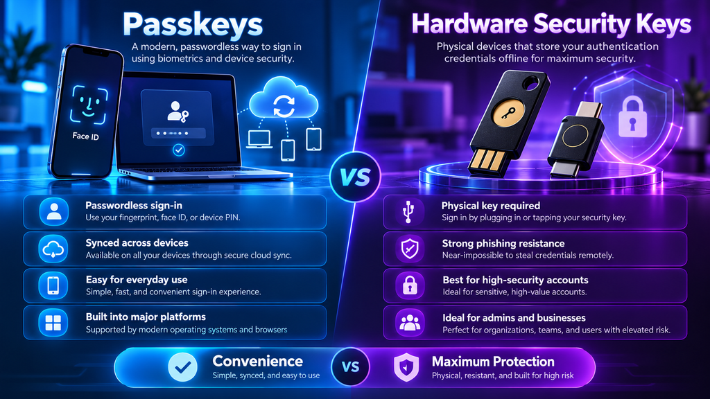 Passkeys vs hardware security keys in 2026