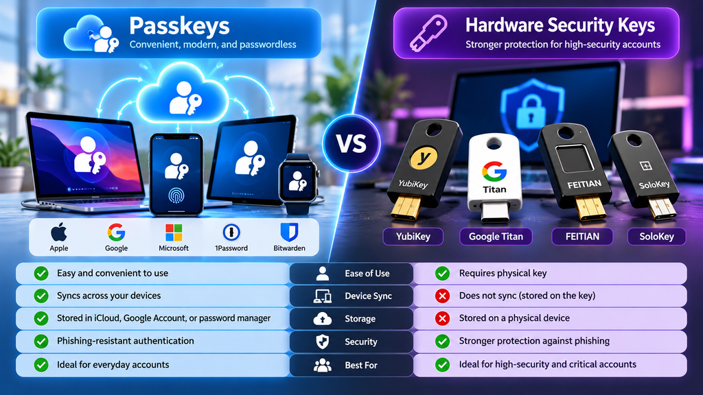 Passkeys vs hardware security keys comparison in 2026