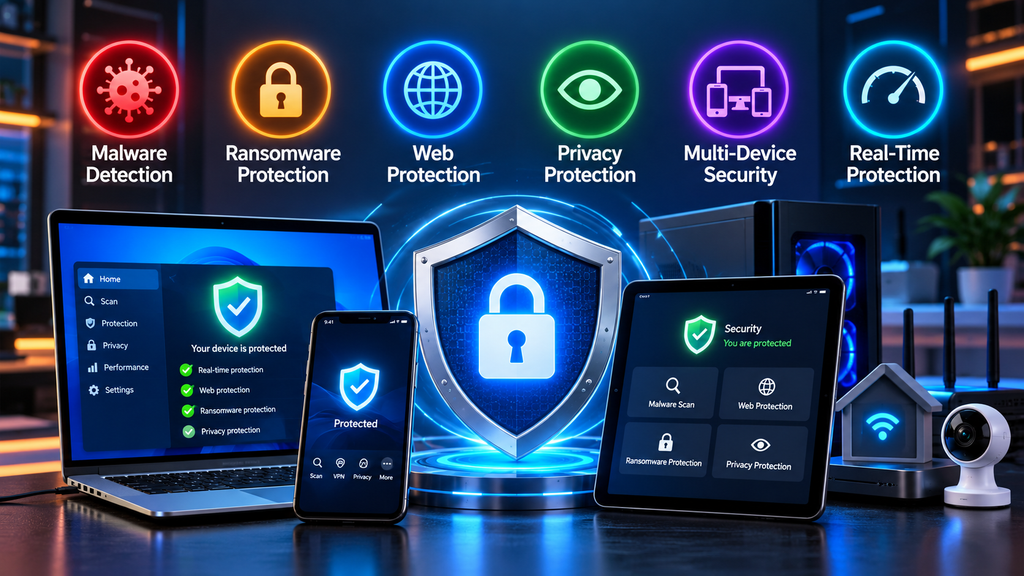 Antivirus protection features including malware ransomware web privacy and real-time security