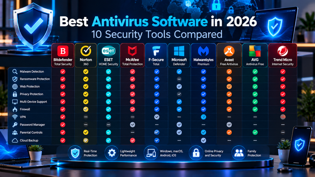 Comparison of 10 antivirus security tools and key protection features in 2026