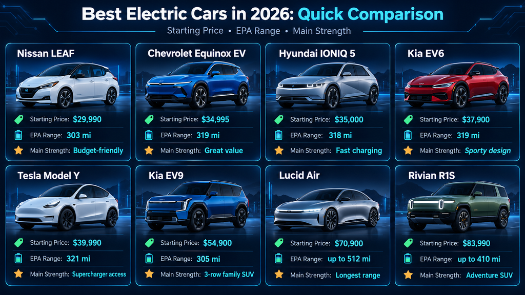 Best electric cars in 2026 quick comparison by price EPA range and main strength