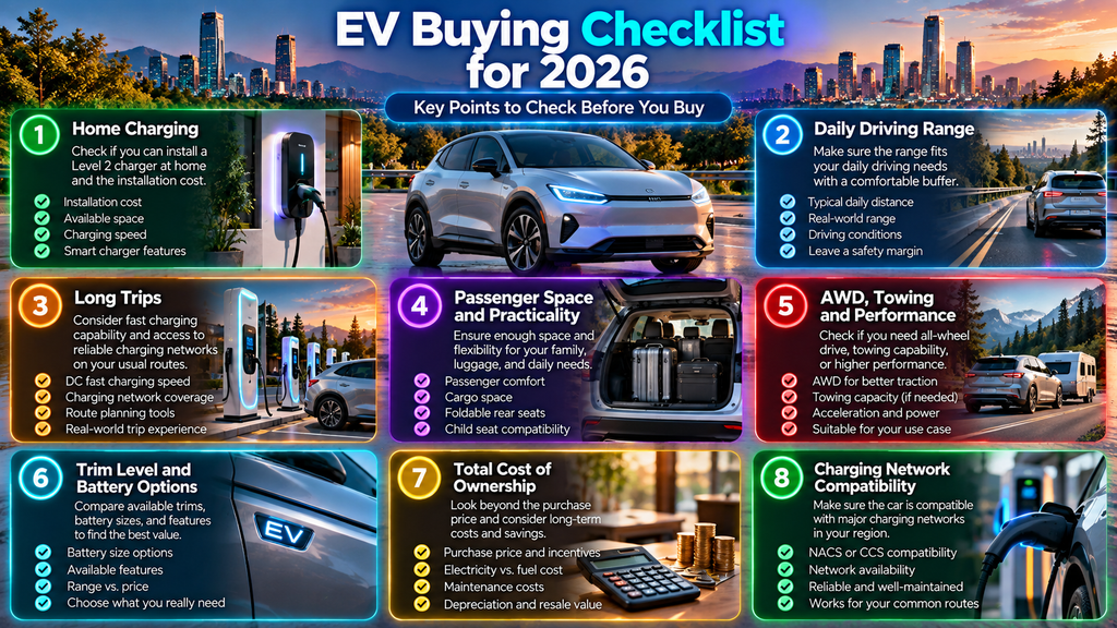 EV buying checklist for 2026 including home charging daily range long trips passenger space AWD towing trims cost and charging network