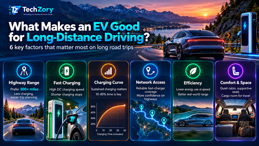 Key factors that make an EV good for long-distance driving including range charging efficiency network access and comfort
