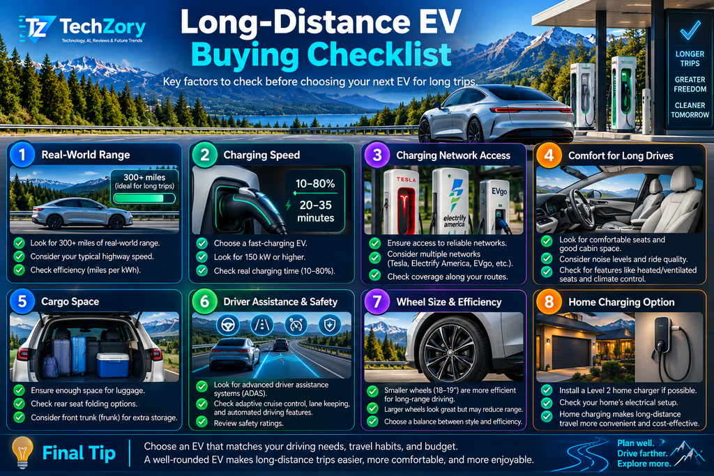 Long-distance EV buying checklist covering range charging speed network access comfort cargo safety wheels and home charging