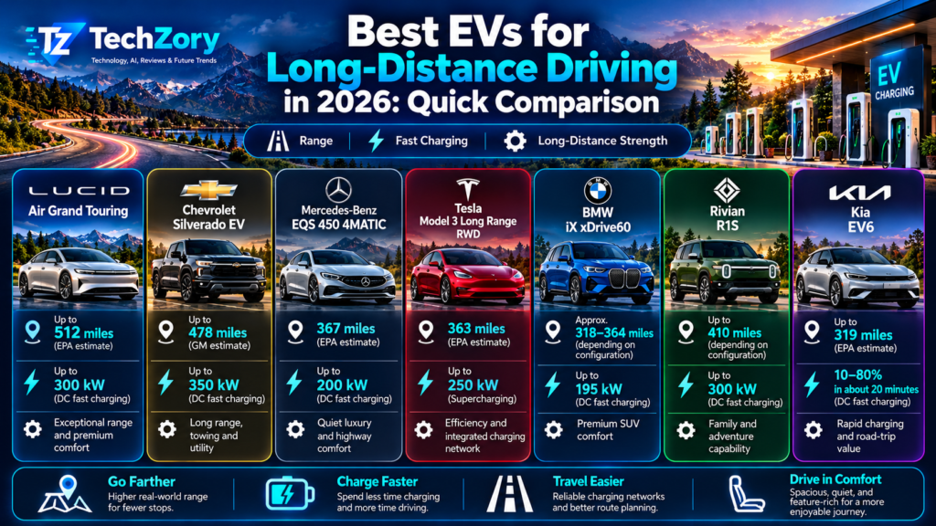 Best EVs for long-distance driving in 2026 comparison of range charging and road-trip strengths