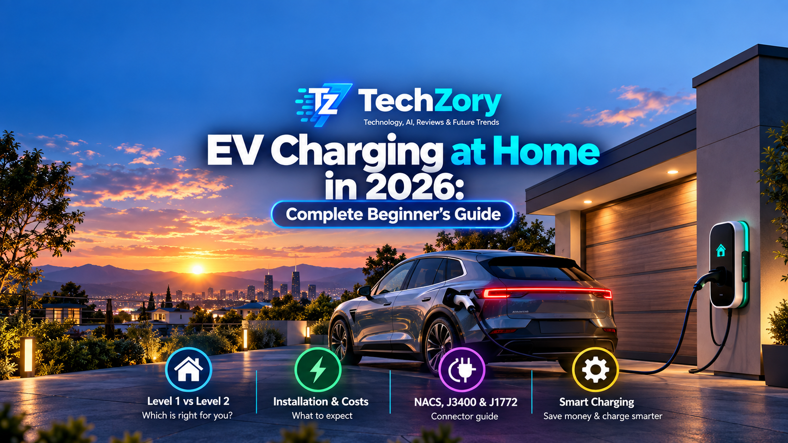 EV charging at home in 2026 beginner guide covering Level 1 Level 2 installation connectors and smart charging