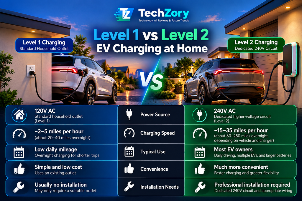 Level 1 vs Level 2 EV charging at home comparison of power source charging speed convenience and installation needs